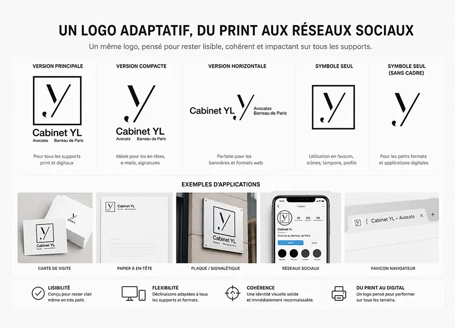 Déclinaisons d’un logo responsive en version horizontale verticale et symbole pour un cabinet d'avocat