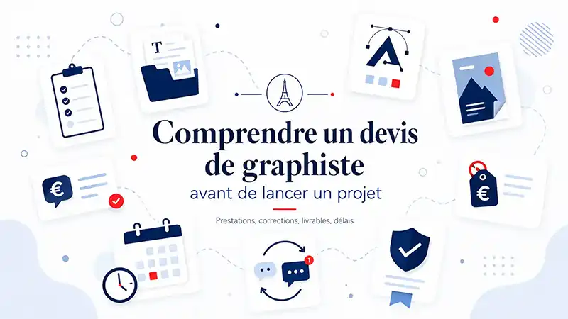 Illustration du contenu d’un devis de graphiste avec prestations, corrections et livrables