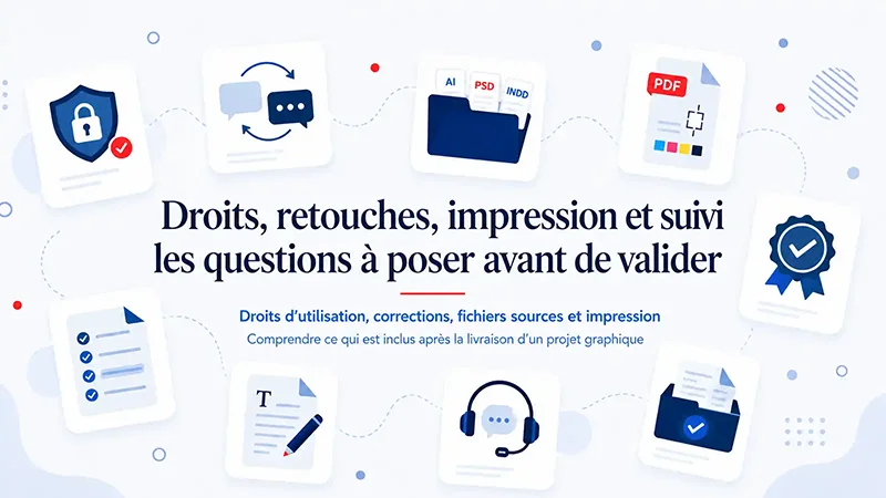 Illustration des questions après livraison d’un projet graphique : droits retouches fichiers sources et impression