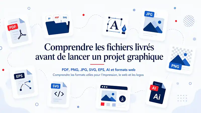 Illustration des fichiers livrés par un graphiste : PDF, PNG, JPG, SVG, EPS et formats web