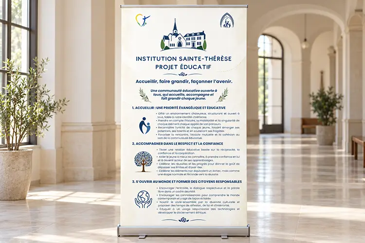 Kakémono présentant le projet éducatif de l’école et du collège catholique Sainte-Thérèse