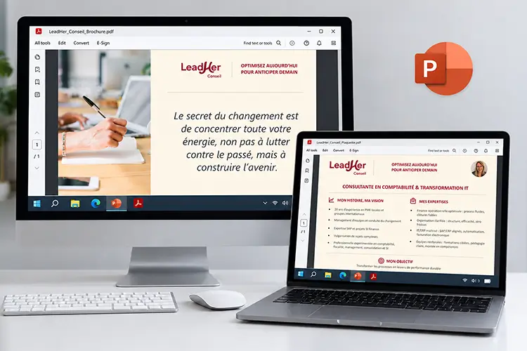 Plaquette et brochure numériques Leadher Conseil, consultables sur ordinateur