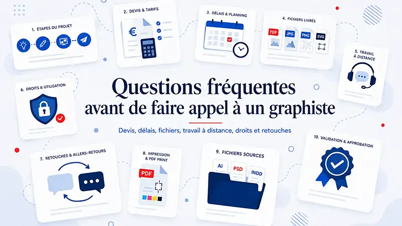 Illustration des questions fréquentes avant de faire appel à un graphiste : devis délais fichiers droits et livraison