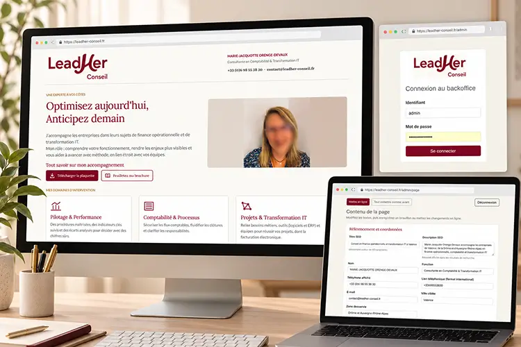 Site responsive Leadher Conseil et aperçu du back-office de gestion